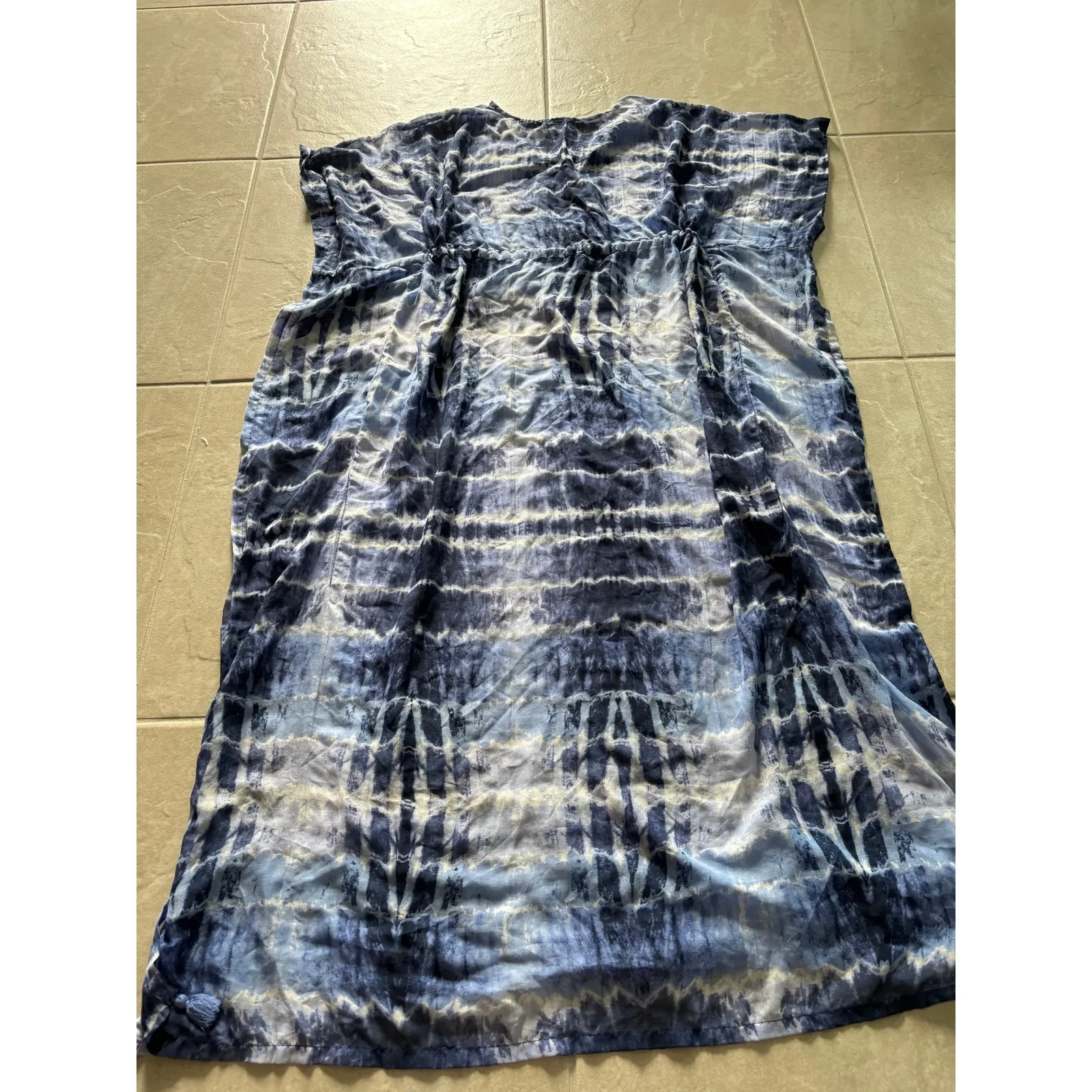 BeachLunchLounge Coverup‎ Small Blue Kaftan Tie Boho Flowy Coastal Beach Resort - Image 4