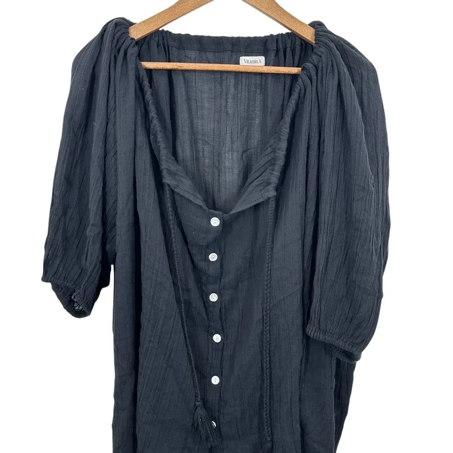 Vitamin A Black Gauze Puff Sleeve Tassel Tie Boho Tunic Shirt Top Size S - Image 2