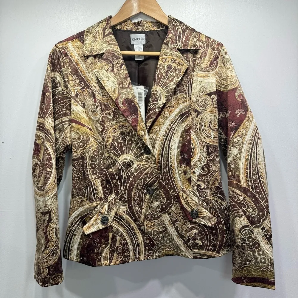 Chico’s Paisley Boho Jacket Chocolate Brown Satin Button Front Blazer Size 1/Med - Image 3