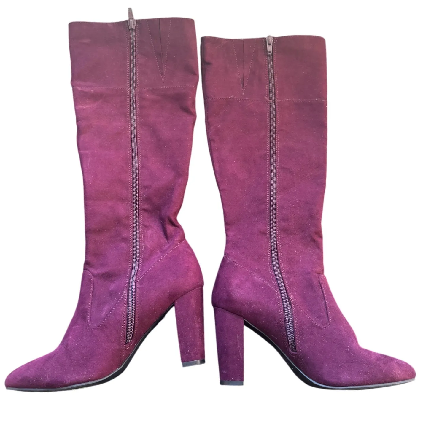 Jones NY sz 6 Womens Maroon Gold Suede Knee High Zip Pointed Heeled Boots Chic - Image 3