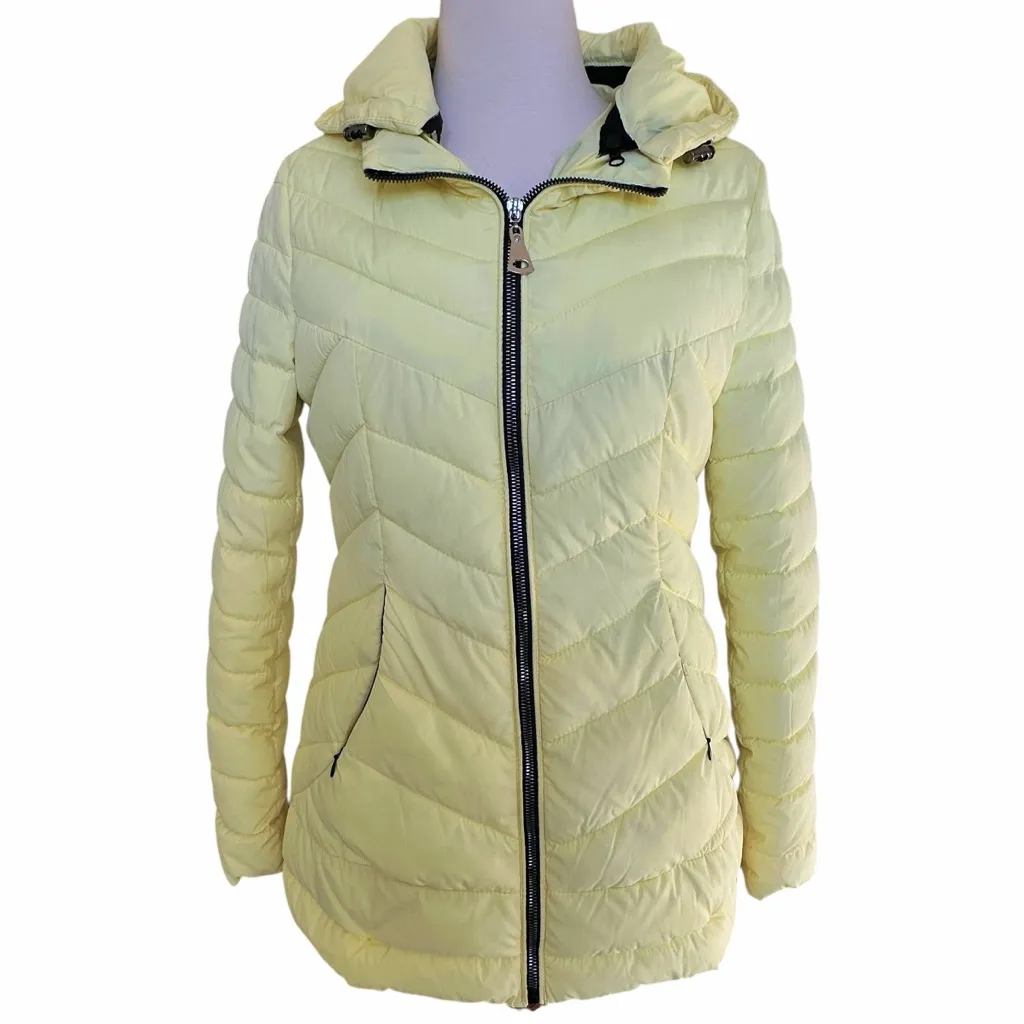 Butter Yellow‎ Down Puffer Jacket Size 44 Quilted Form Fitting Detachable Hood Yellow - Image 2