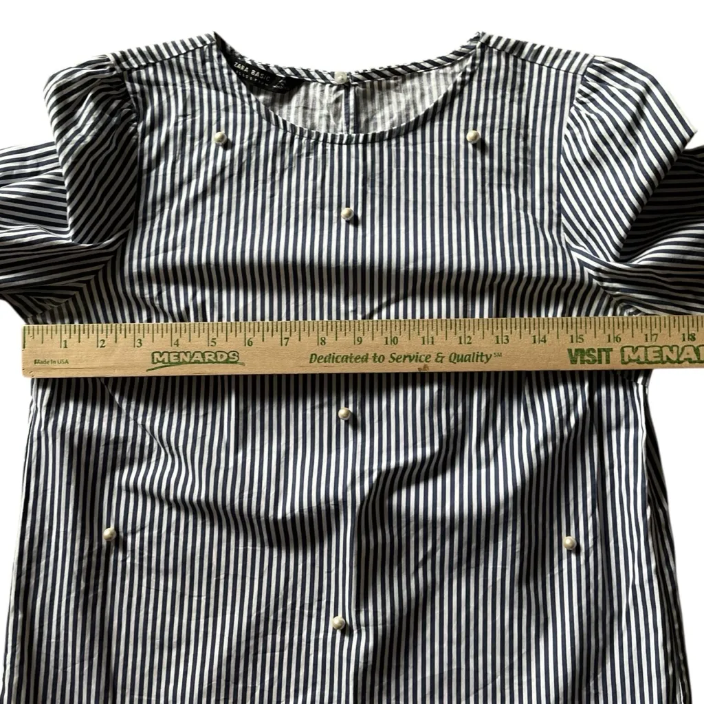 Zara‎ Navy and White Striped Blouse Poplin Bell Sleeves Pearl Accent 3/4 Sleeves - Image 9