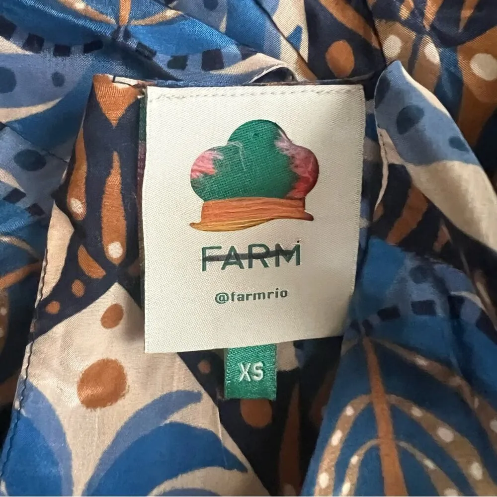 Farm Rio Anthro Women’s Cocopalm Flutter Sleeve Beige Blue  Print Maxi Dress XS - Image 4