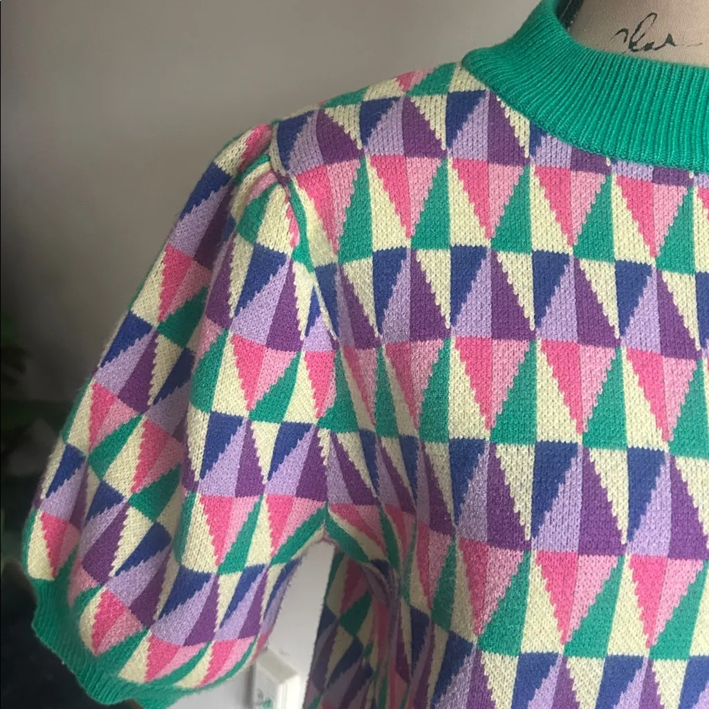 THML Argyle Puff Short Sleeve Sweater Size Medium - Image 4