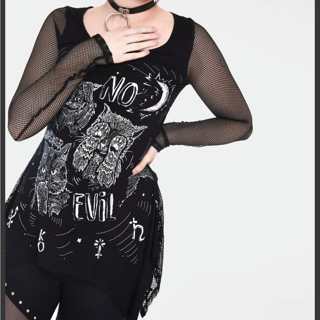 NO EVIL CATS LONGLINE TOP WITH NET SLEEVES Black Size L - Image 4