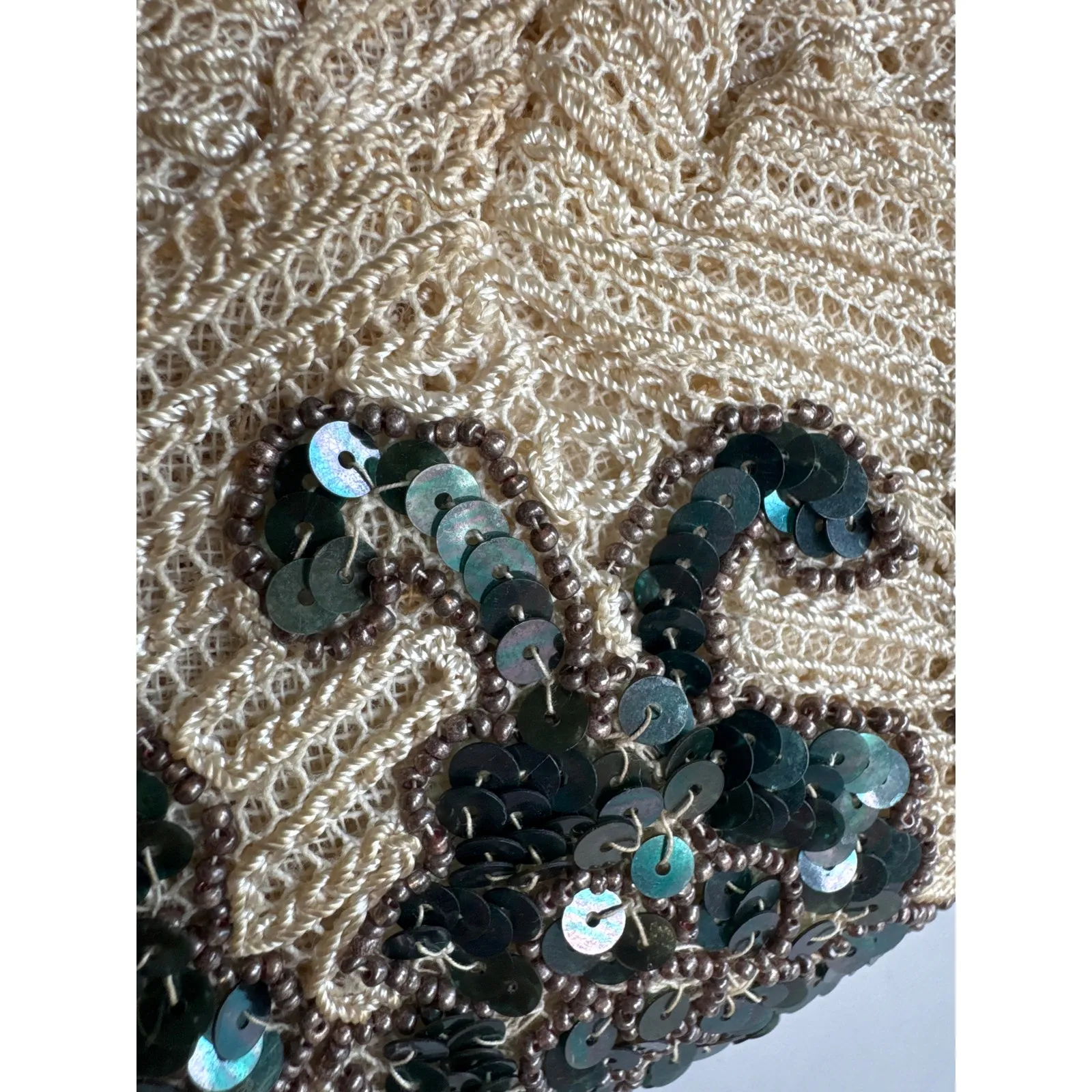 Vtg flapper style Made In Belgium crocheted sequin beaded kiss clasp formal bag Green - Image 5