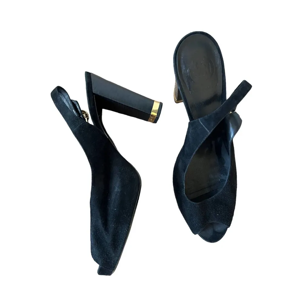 Tory Burch Black Gold Suede Slingback Block Platform Heels Size 9.5 - Image 2