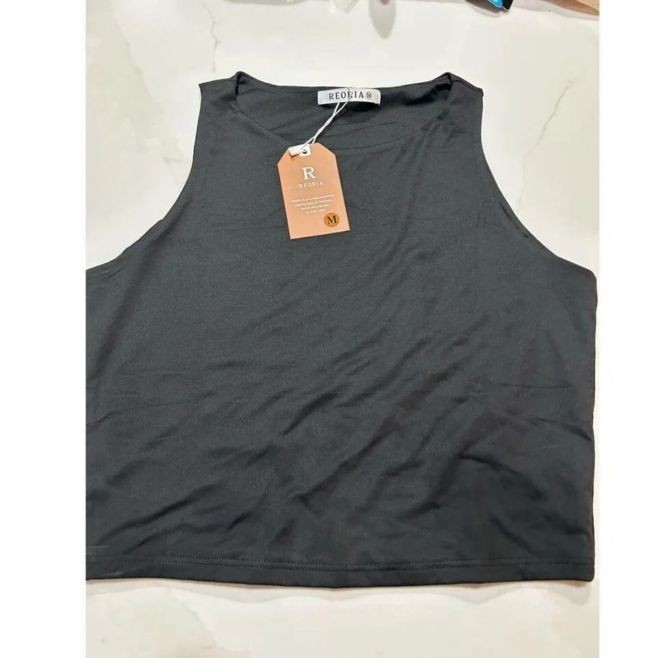 NEW Black Halter Neck Double Lined Tank Crop Top M Black Size M - Image 3