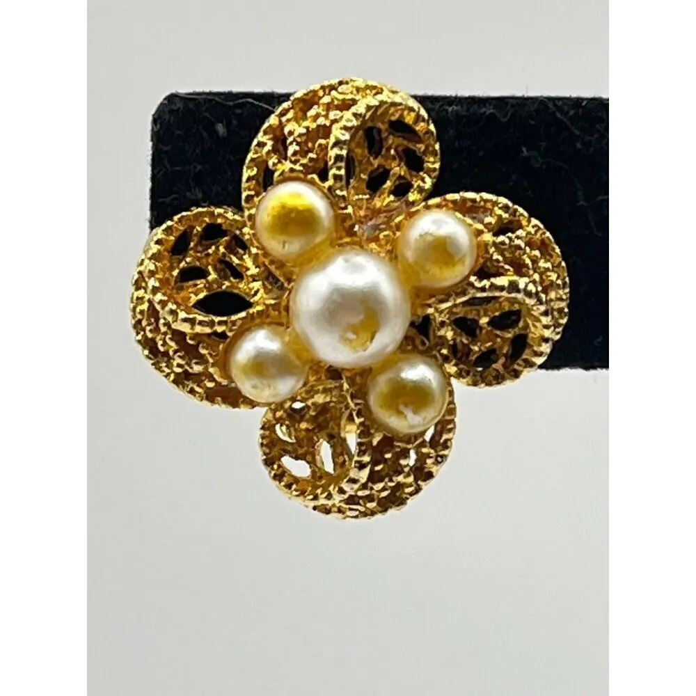 Vintage Gold Tone Faux Pearl Filigree Floral Statement‎ Earrings Clip On Glam - Image 2