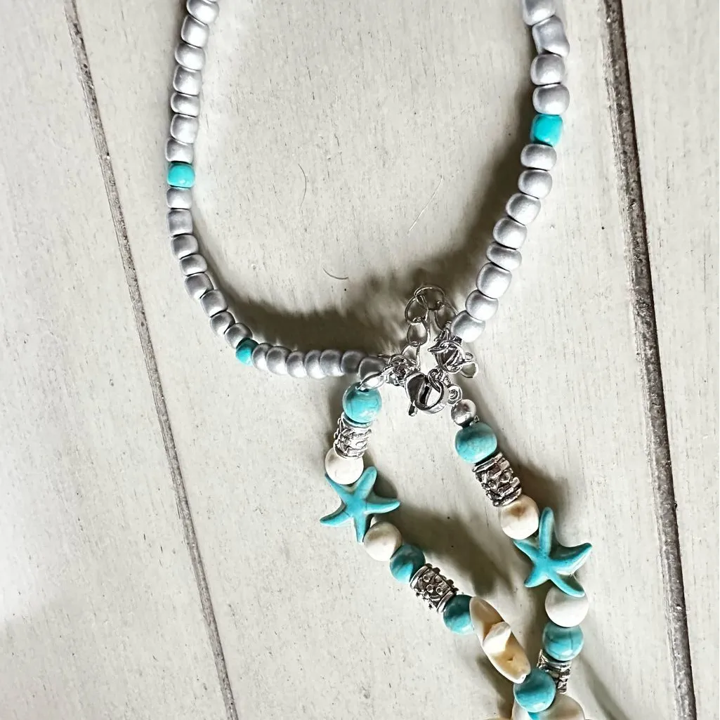 Layered Ankle Bracelet Sea Turtle Silver Blue Turquoise Starfish Beach Boho - Image 5