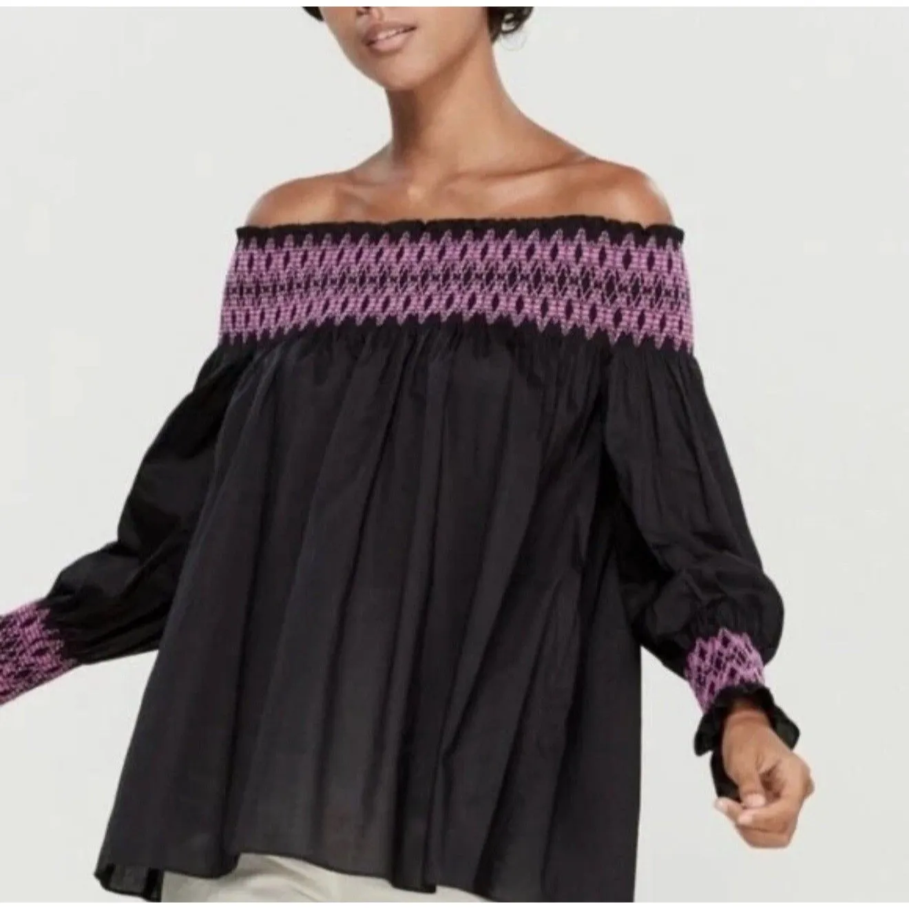 Maje LaFour Embroidered Top Sz 1 Small $225 Smocked Peasant Blouse Off Shoulder - Image 3