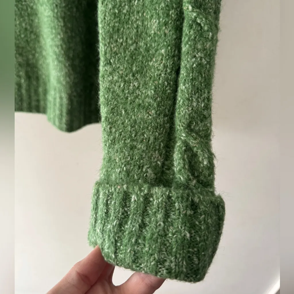 LL Bean Sweater Green Cardigan Cable Knit Chunky Button Turtleneck Wool Size L - Image 4