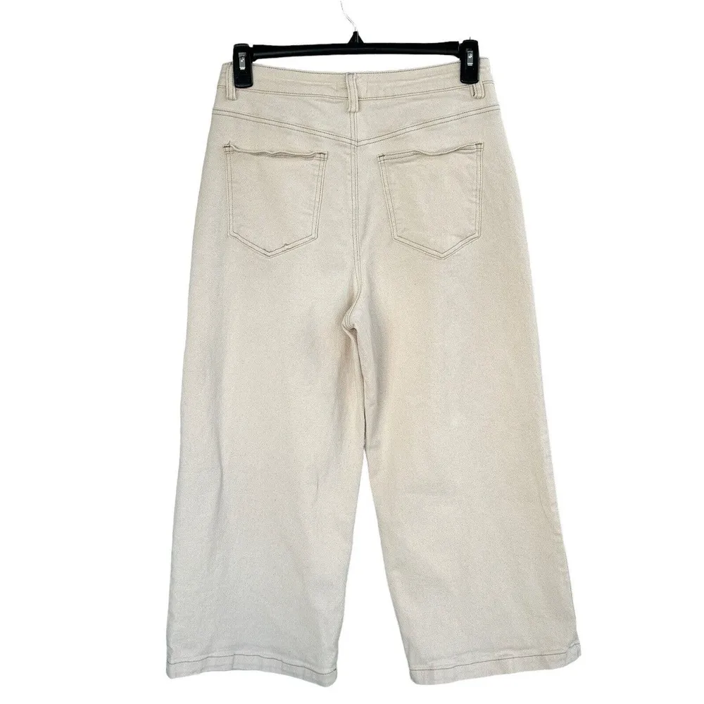 Avec Les Filles SZ 8 Wide Leg Pleated Crop Jeans Stretch Hi-Rise Zip-Fly Cream - Image 4