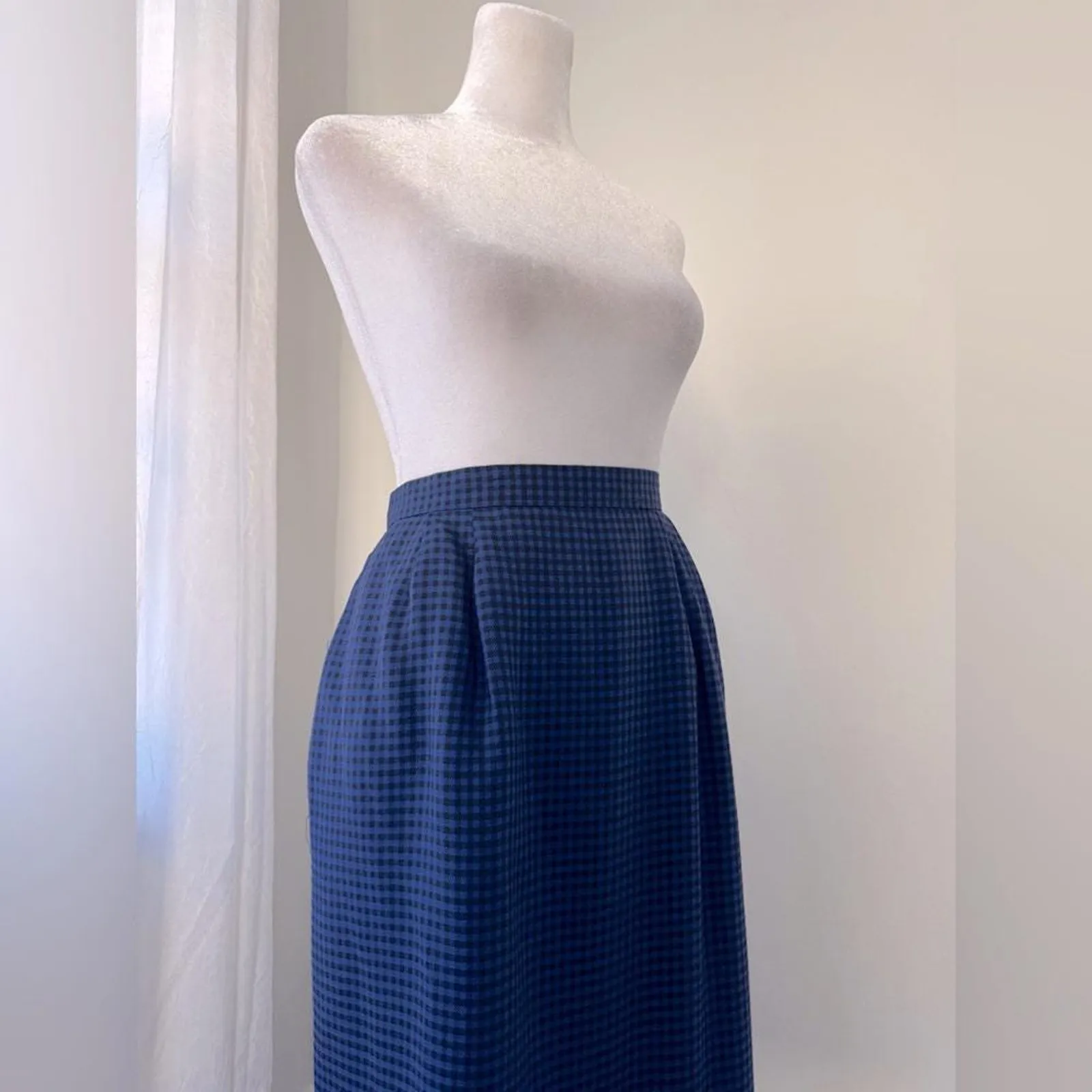 Vintage ‘90s Sassco Blue & Black Gingham Print Midi Pencil Skirt Size M - Image 5