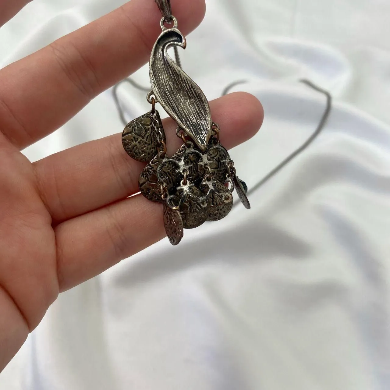 Early 2000's Chunky Silver Purple Green Peacock Necklace - Image 5