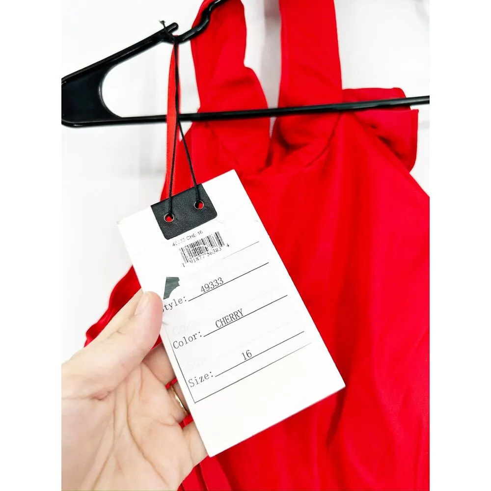 Mac Duggal 49333 Cherry Red Soft Tie Halter Neck High Slit Gown Size 16 NWT - Image 5