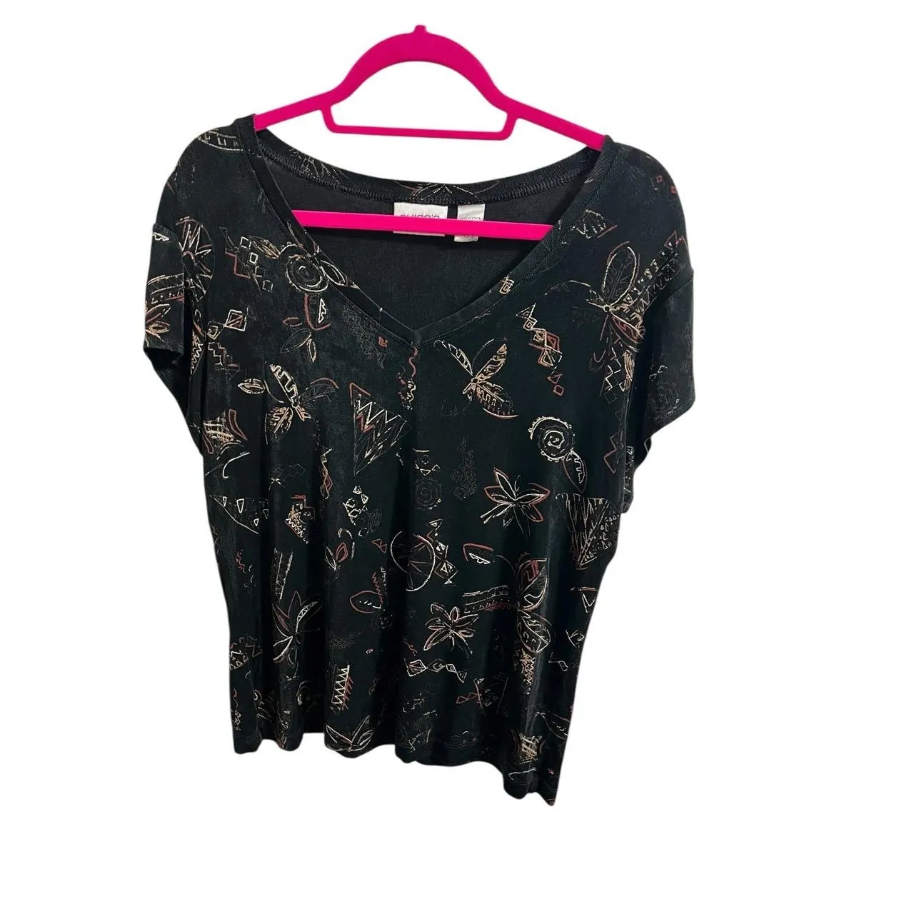 Chicos Travelers Top Large 12 Black Artsy Colorful Pull On V-neck Stretch - Image 3