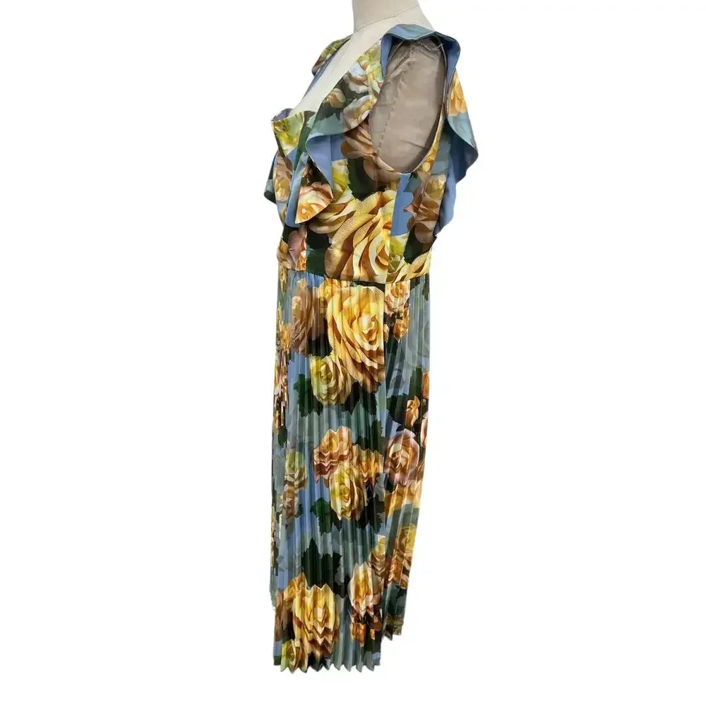 Chi Chi London Floral Print Ruffle Pleated Midi‎ Dress in Blue Curve US 16 - Image 8