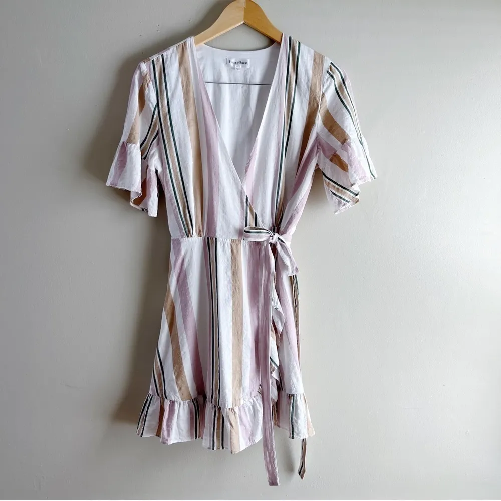 Privacy Please May Mini Wrap Dress in Multi Stripe Pink & Tan, Size Medium - Image 2