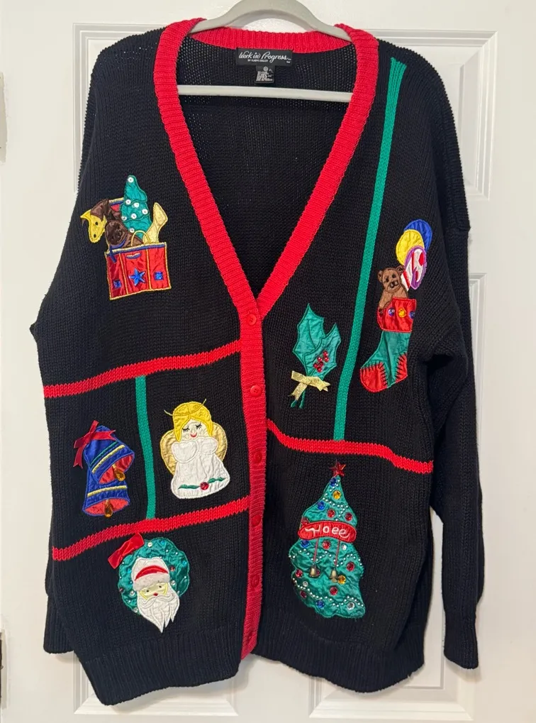 Women’s Work In Progress Vintage 90s Christmas Holiday Knit Sweater Cardigan 3X Black - Image 1