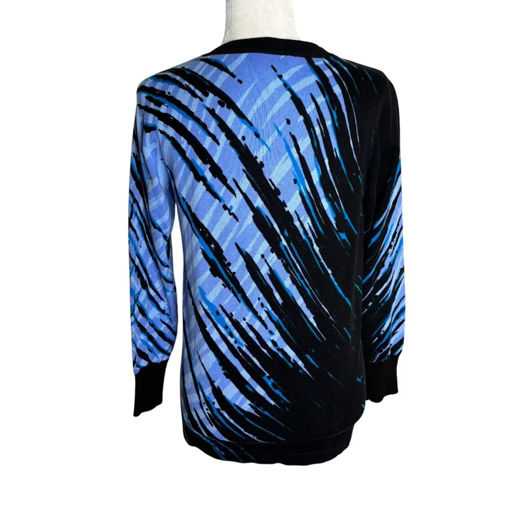 Bob Mackie Wearable Art V-Neck Cardigan Sweater XS Blue Black Cotton Abstract - Image 4