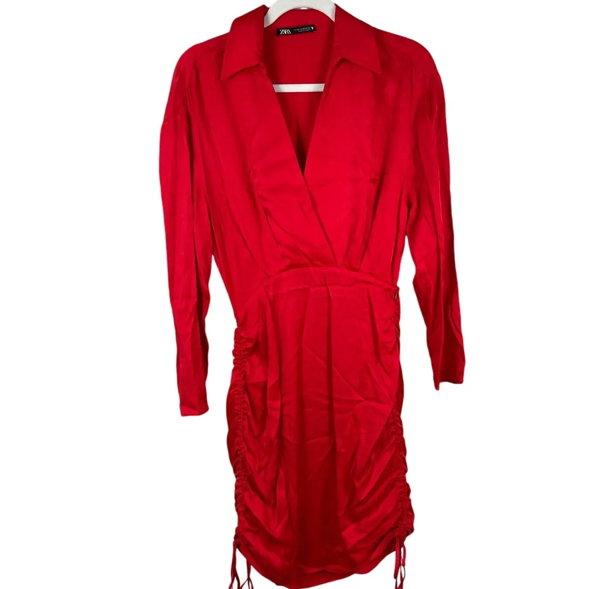 Zara Lipstick Red Satin Finish Mini‎ Dress Adjustable Side Cinching Size XS - Image 5