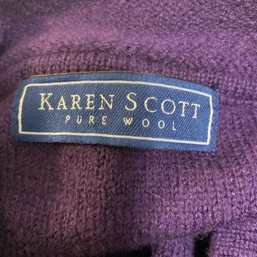 Karen Scott Pure Wool Purple sweater cardigan‎ shoulder pads buttons Size L - Image 7