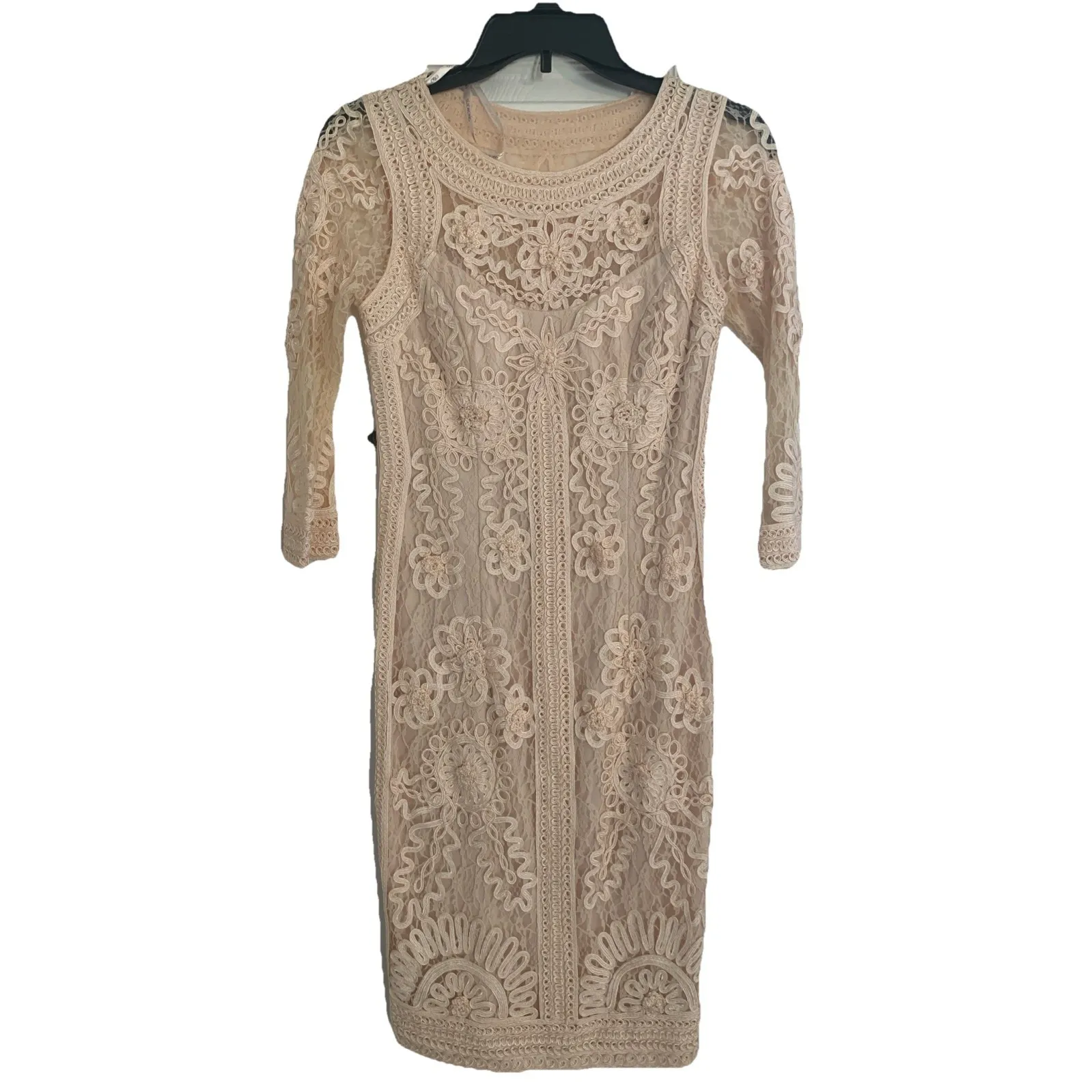 Sue Wong Embroidered Lace Sheath Dress Nude Pink  3/4 Sleeve Cocktail Size 6 - Image 4