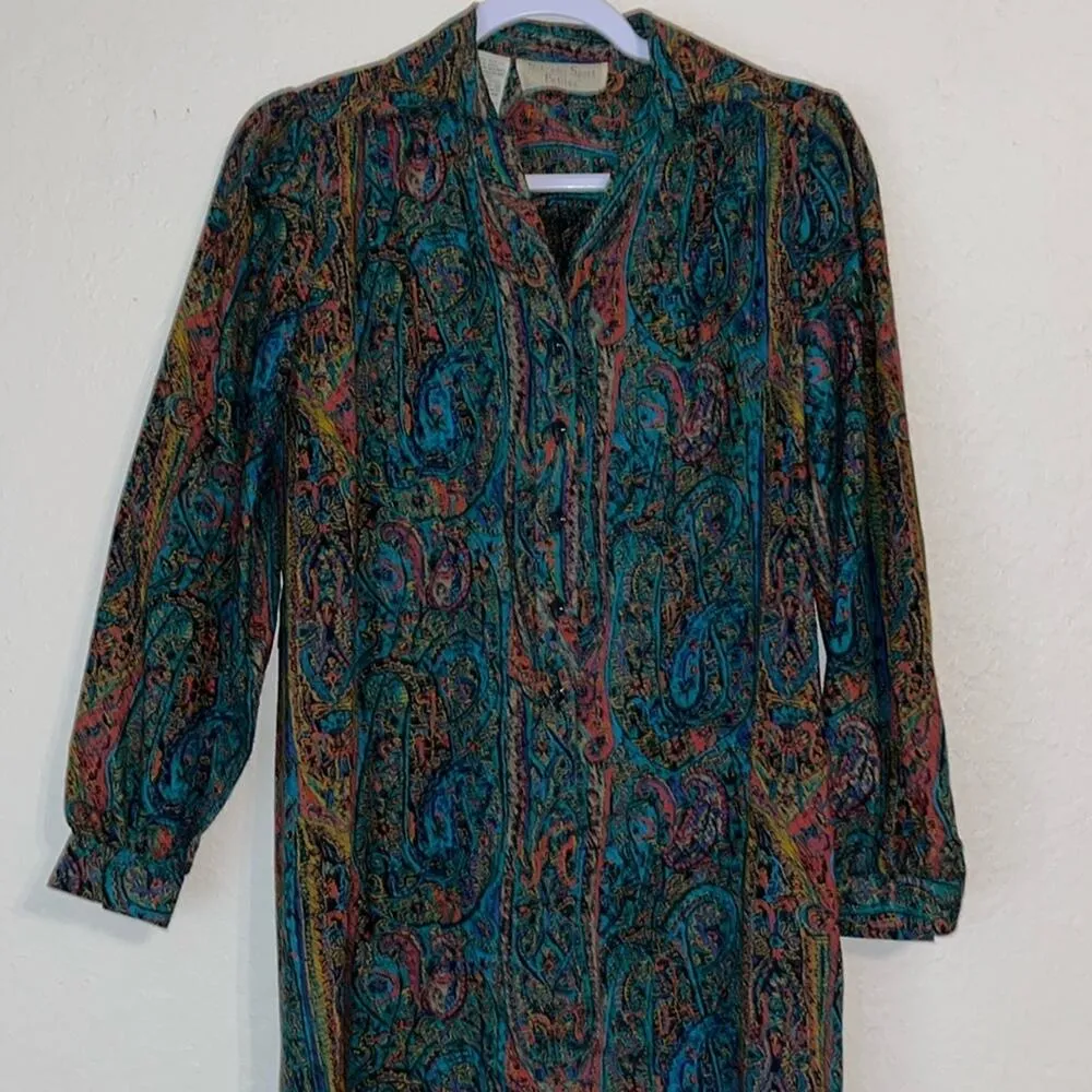 Vintage 80s modest paisley shirt dress • paisley • multicolor • shirt dress - Image 2