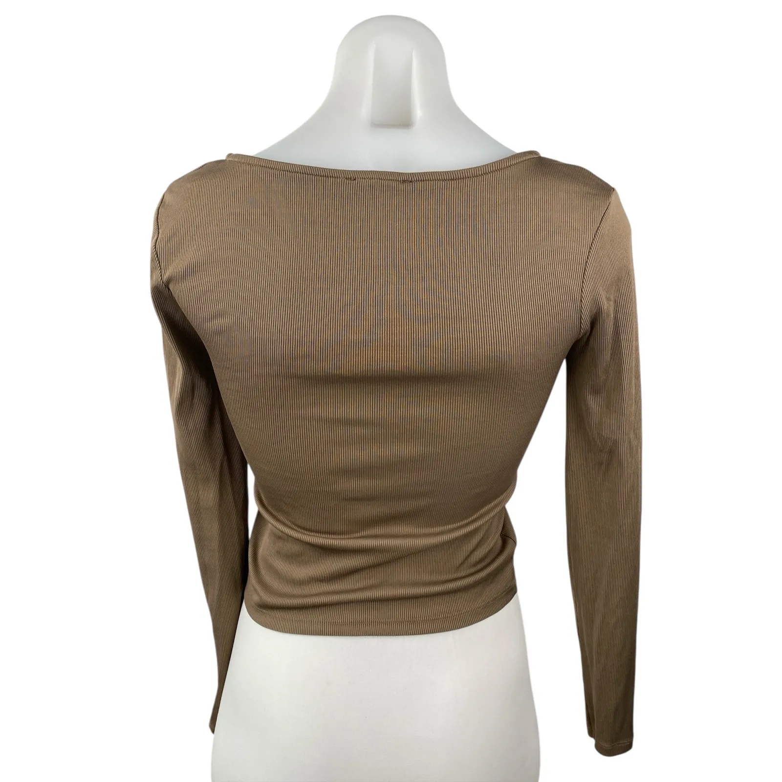 Stradivarius Women's Brown Square Neck Rib Knit Long Sleeve Crop Shirt Top Sz S - Image 2