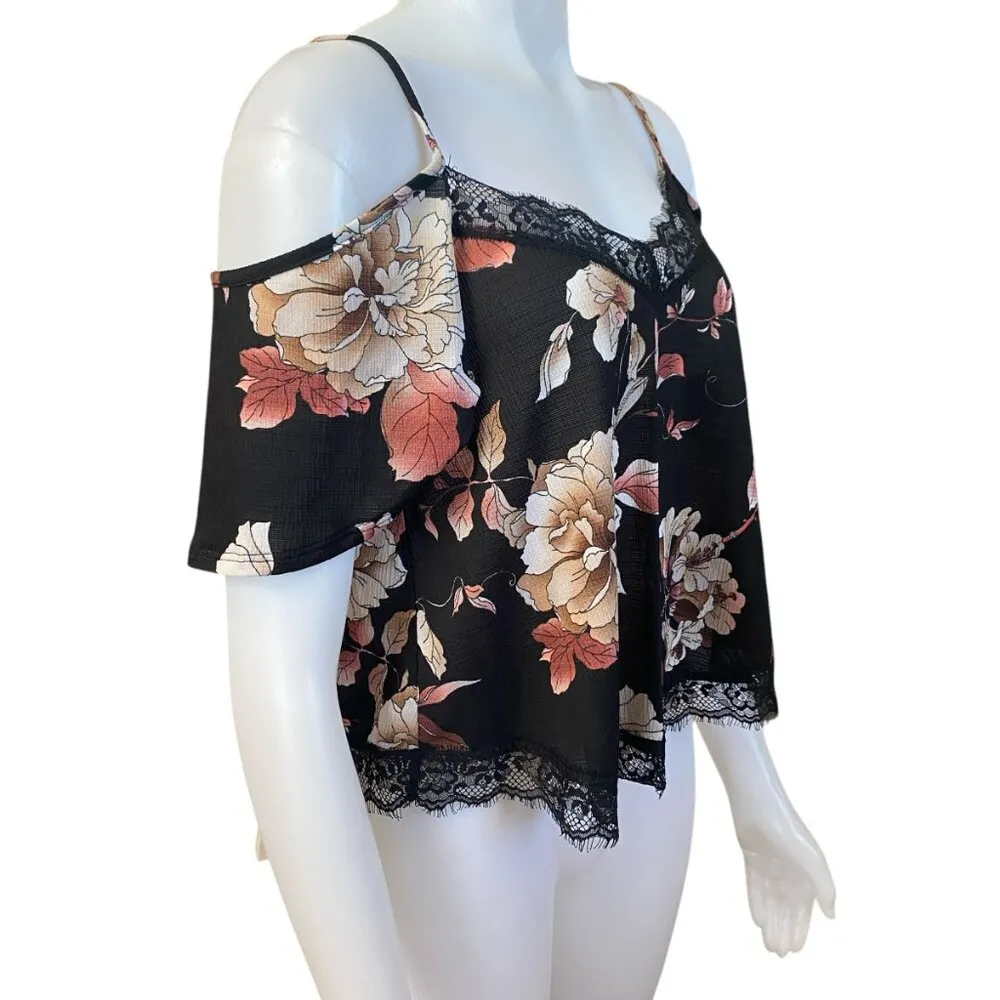Clothing black pink floral off the shoulder short sleeve crop top M - Image 2