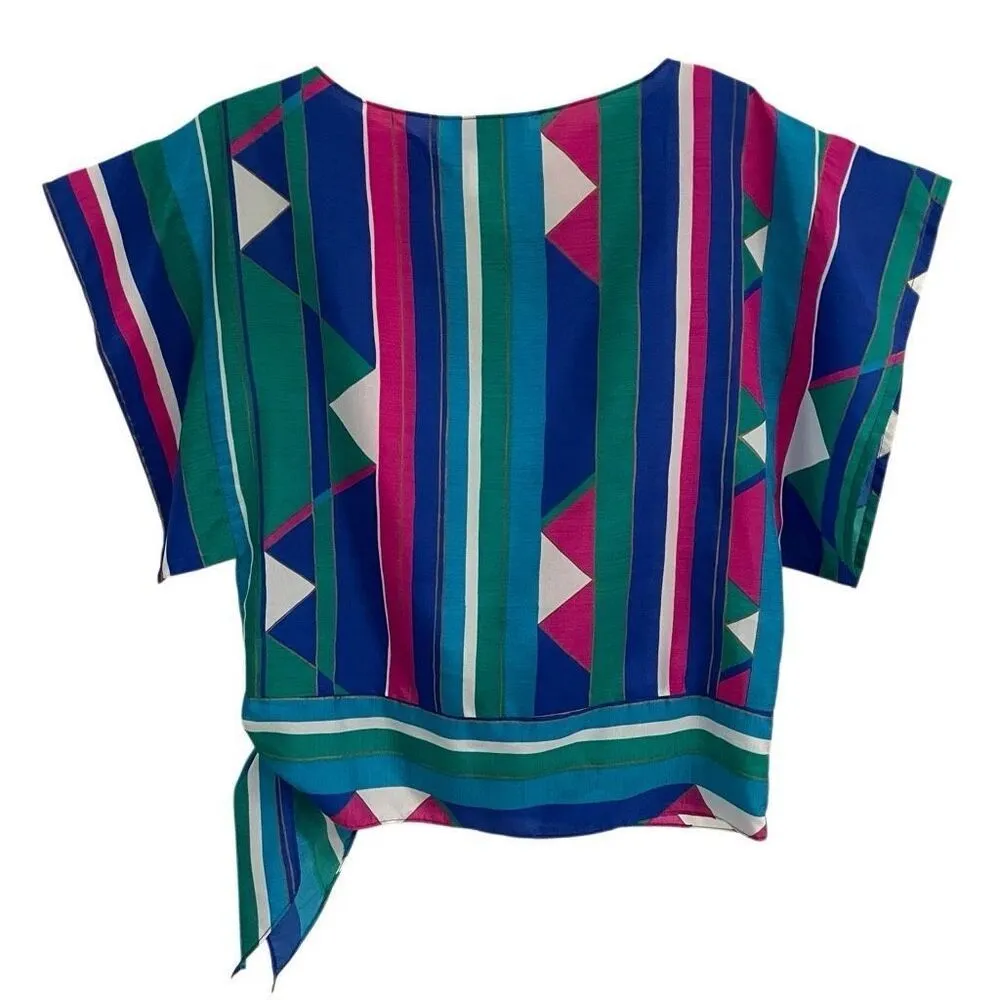 Vtg Blue Hawaii Blouse Womens S boxy bright multicolored side tie kimono sleeves Blue - Image 4