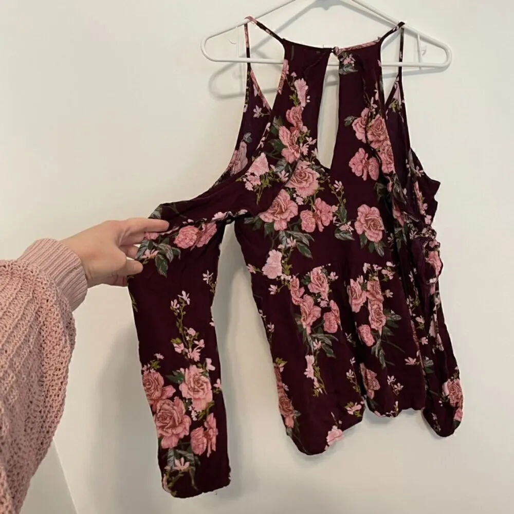 AMERICAN EAGLE Burgundy Maroon Floral Cold Shoulder Long Sleeve Babydoll Blouse - Image 14