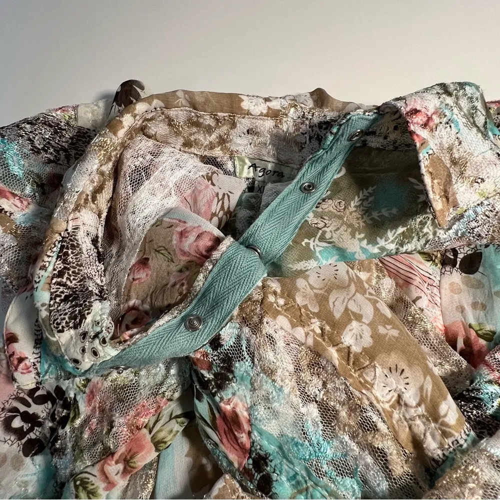 Agora Vintage Style Floral Patchwork Lace Top Size XL Snap Button Boho Festival Blue - Image 8