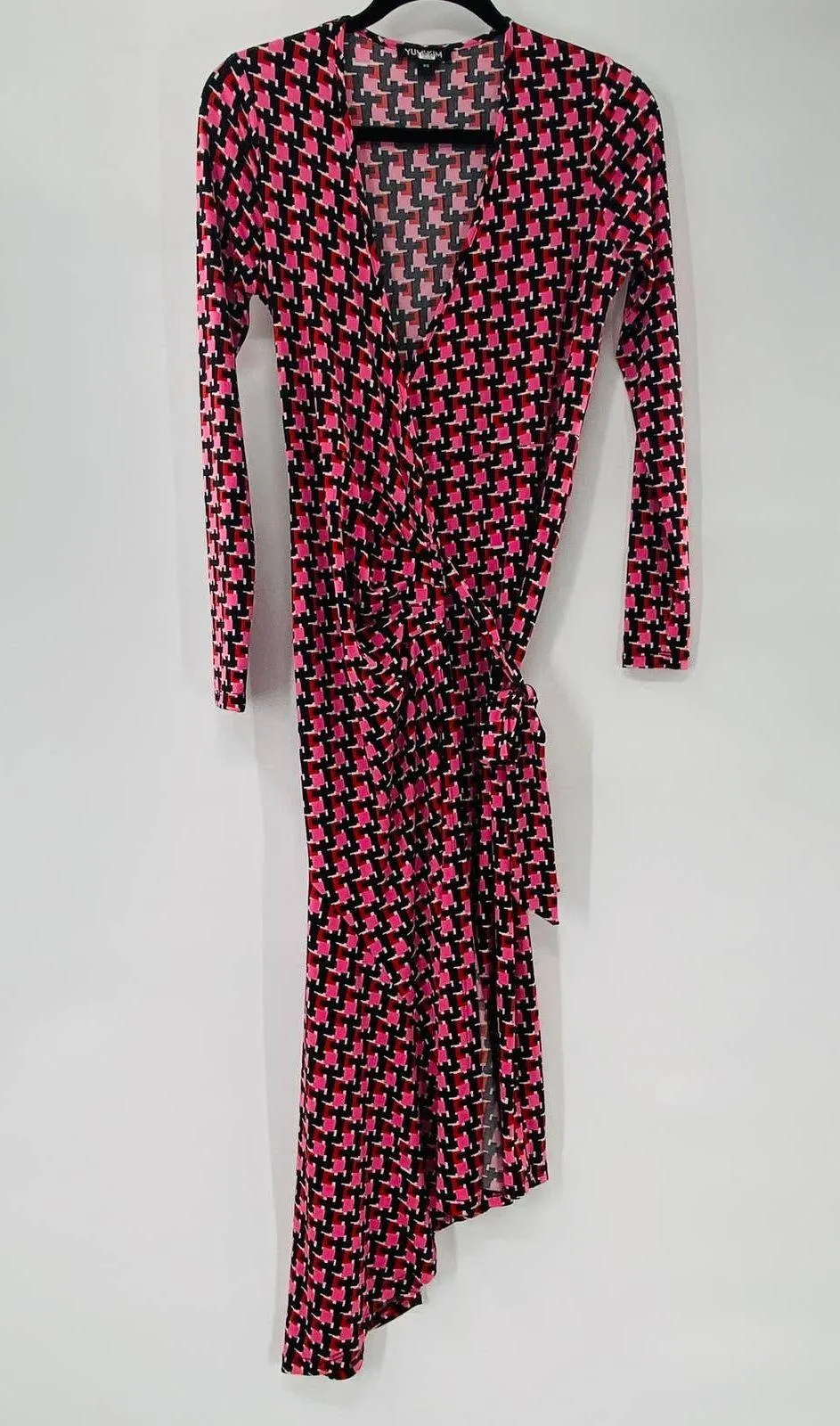 Yumi Kim Sabine Jersey Asymmetrical Wrap Dress Red Pink Black Geometric Print XS - Image 4
