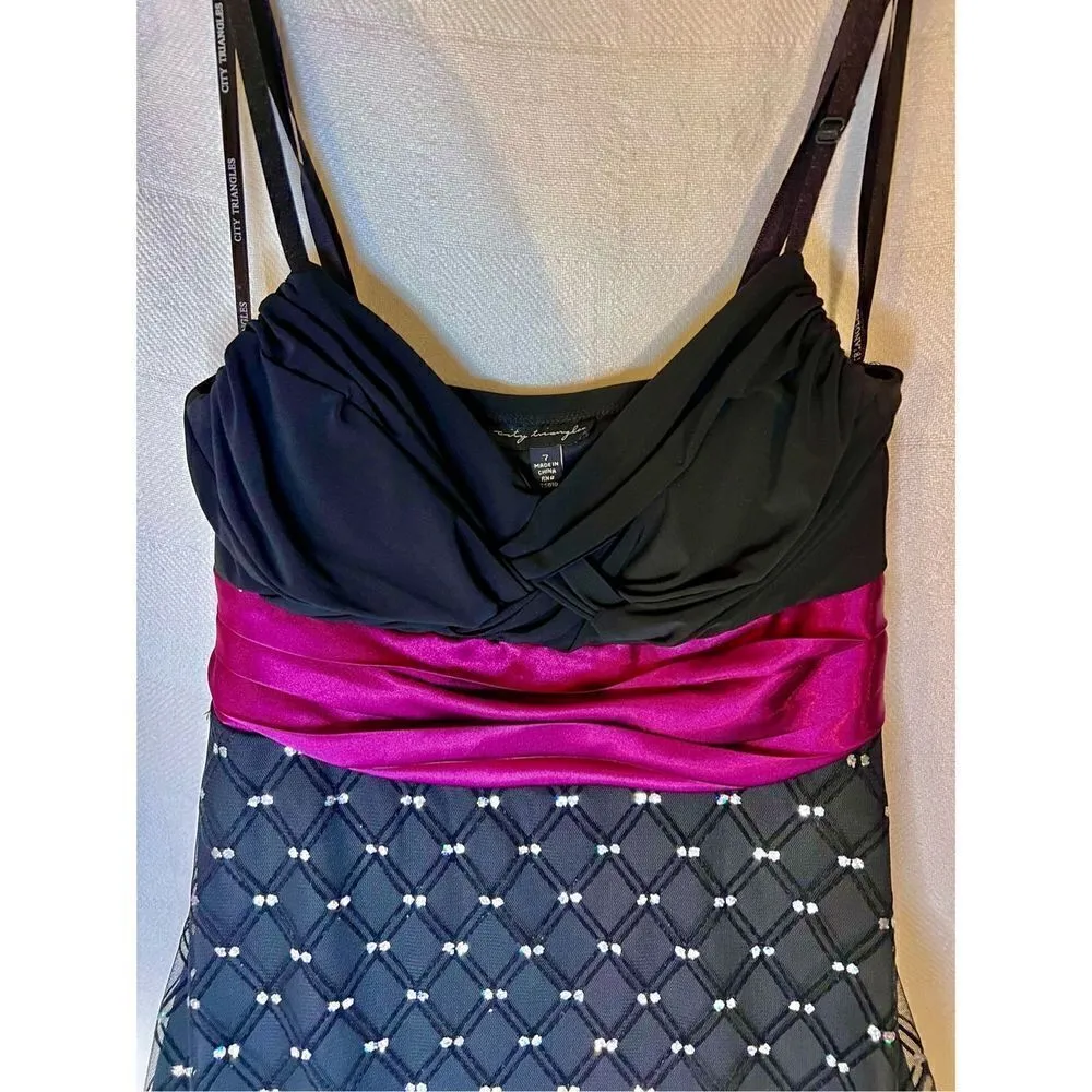 CITY TRIANGLES DRESS JUNIOR SIZE 7 Classic Black Dress W Pink Ribbon Belt - Image 3