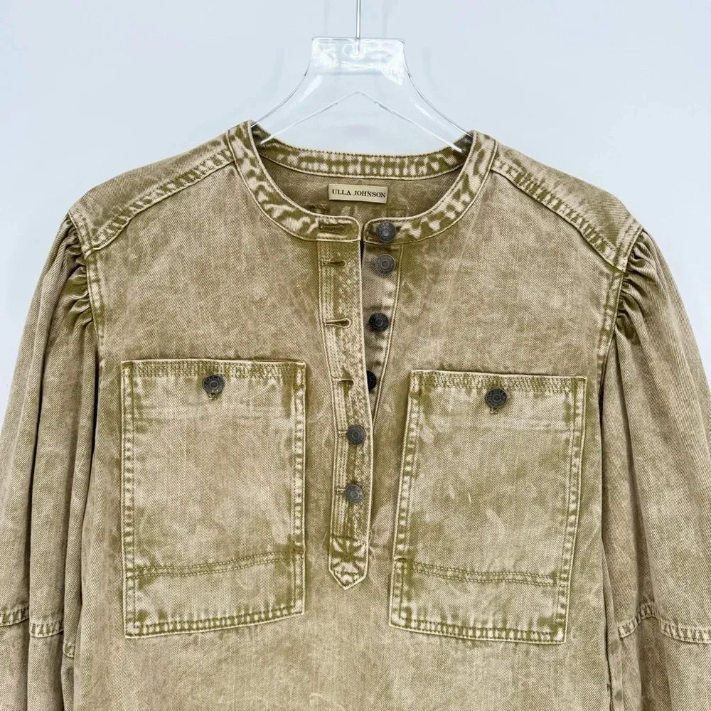 Ulla Johnson Wesley Cotton Denim Tunic Mini Dress 0 Oasis Khaki Balloon Sleeve - Image 8