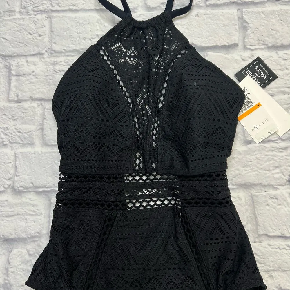 Salt + Cove Juniors Crochet Overlay One Piece Swimsuit Black Size S High Neck - Image 3