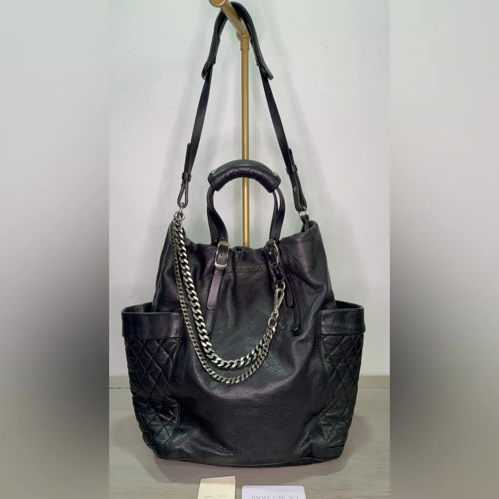 Jimmy Choo Blare Biker Quilted Leather And Chains Edgy Tote Bag Purse Auth Card - Image 3