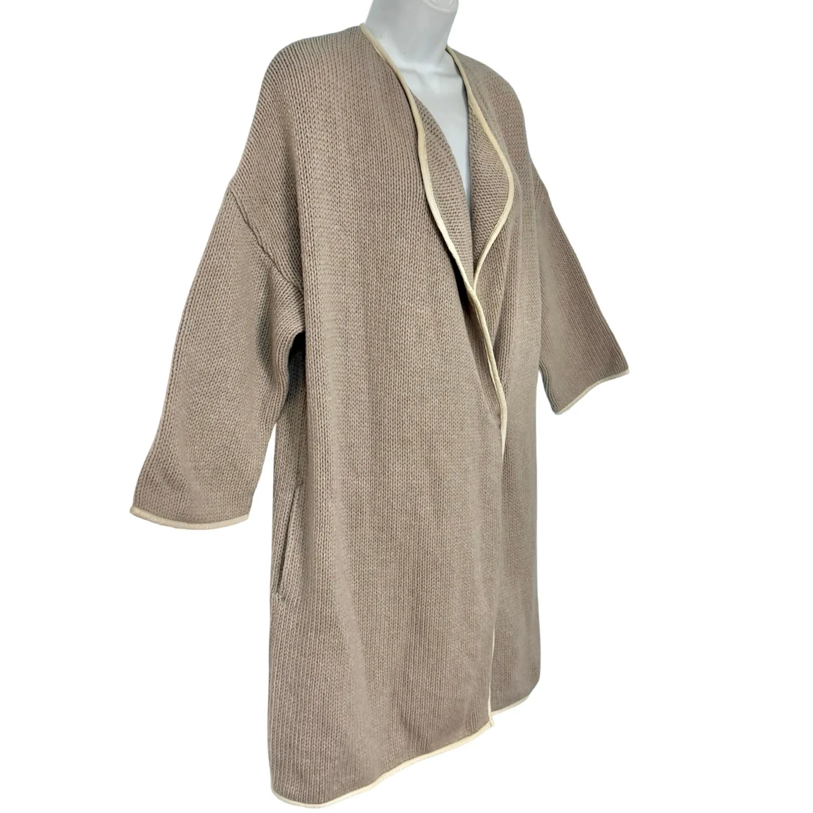 Vince Yak Alpaca Cashmere Gray Beige Chunky Knit Sweater Leather Trim size S / M - Image 6