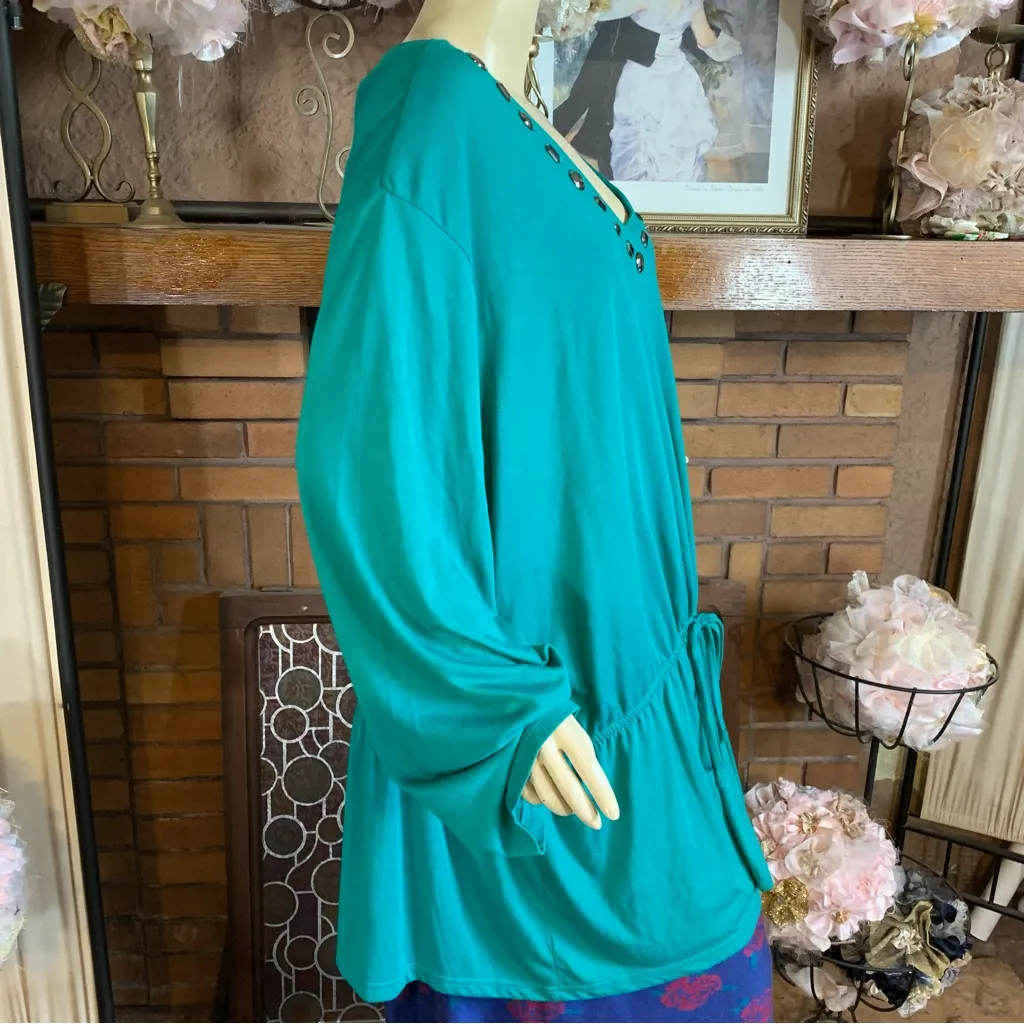 VENEZIA TEAL BEADED NECK DRAWSTRING WAIST V NECK TUNIC (4X) - Image 7