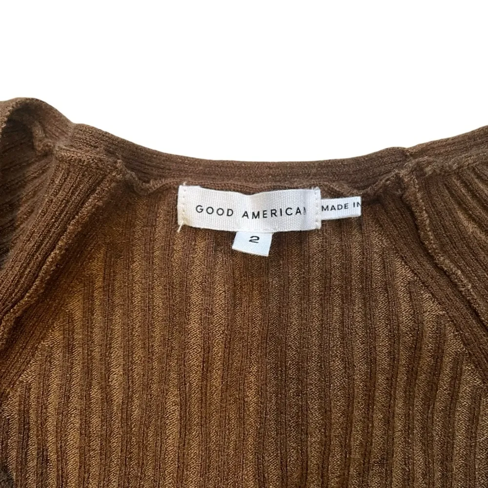 Good American Brown Rib Deep V-Neck Long Sleeve Knit Bodysuit Sweater, Sz 3 Lg - Image 11