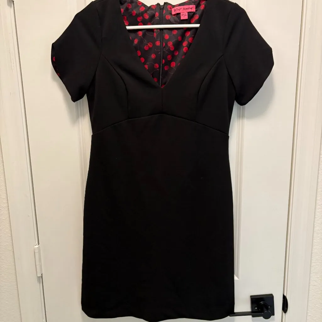 Betsey Johnson Black V-Neck Fit & Flare Dress Size 2 Classic Cherry Lining - Image 2