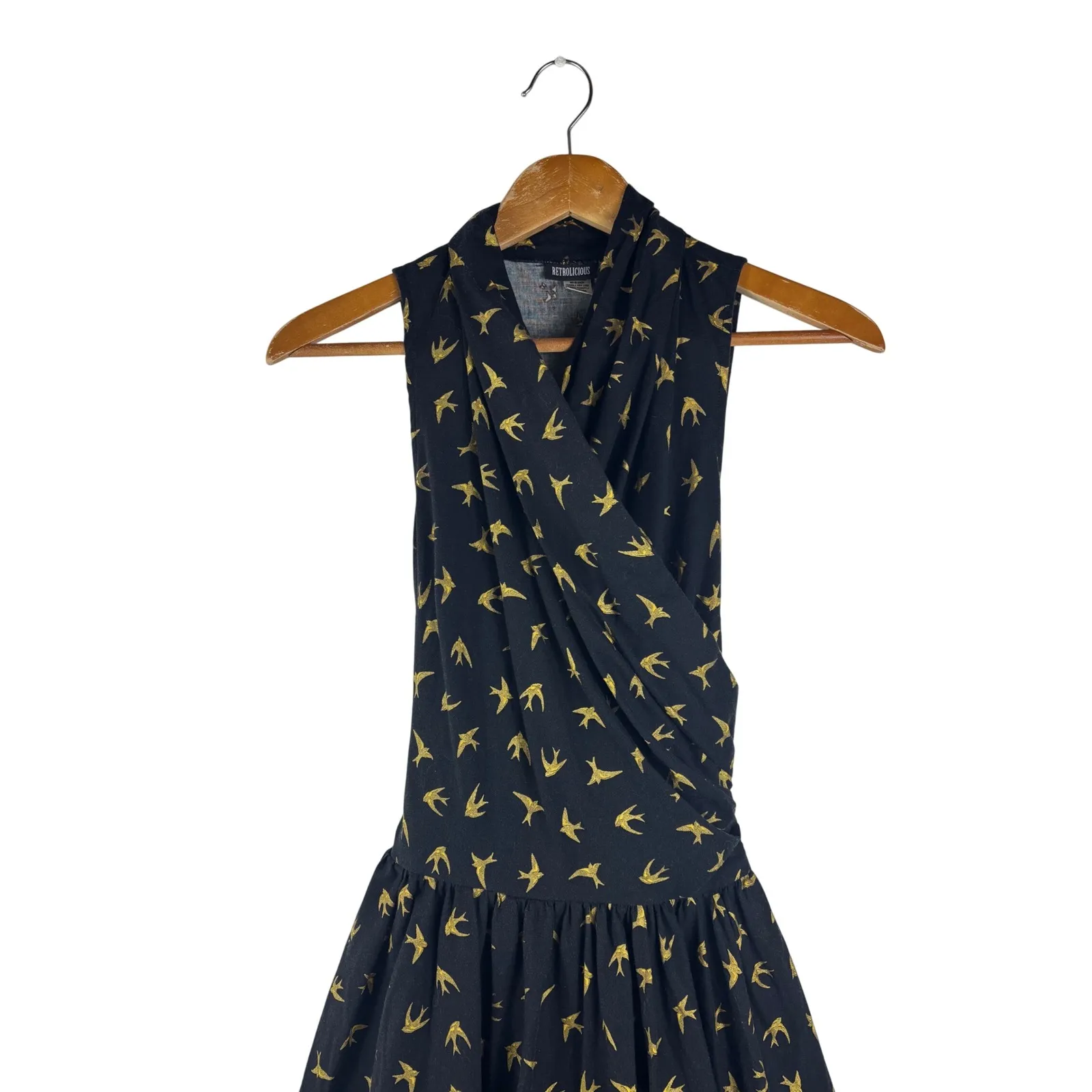 Retrolicious L Fit & Flare Dress Bird Print Pin Up‎ Sleeveless Black Gold USA Size L - Image 4