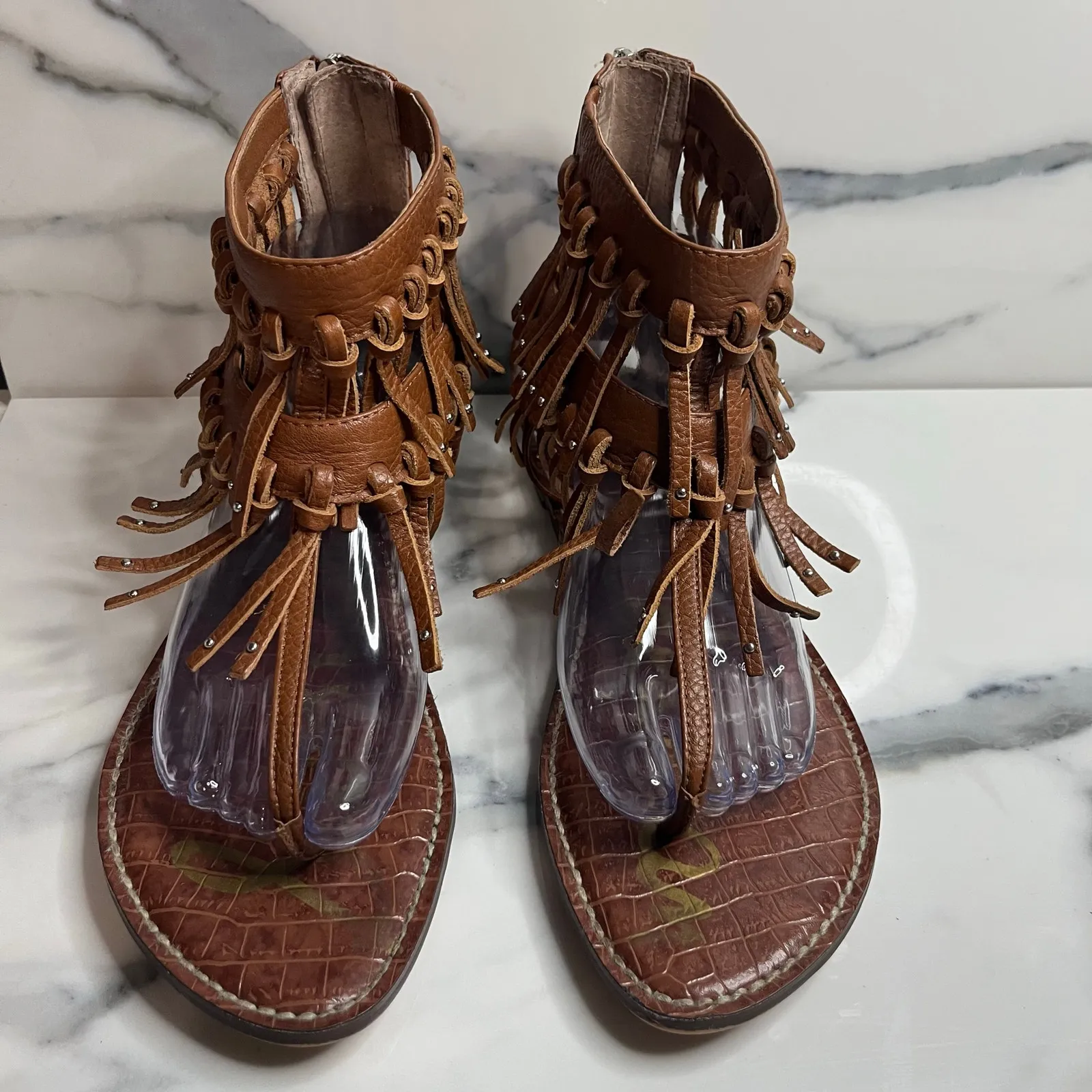 Sam Edelman Women's Brown Leather Griffen Sandals Sz 10 Gladiator Fringe Boho - Image 2