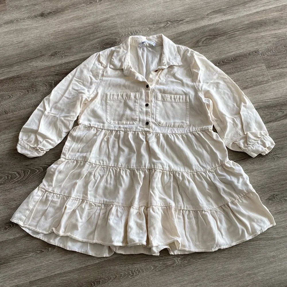 poplin long collared shirt dress tiered cream ivory ecru 3/4 sleeve large - Image 3