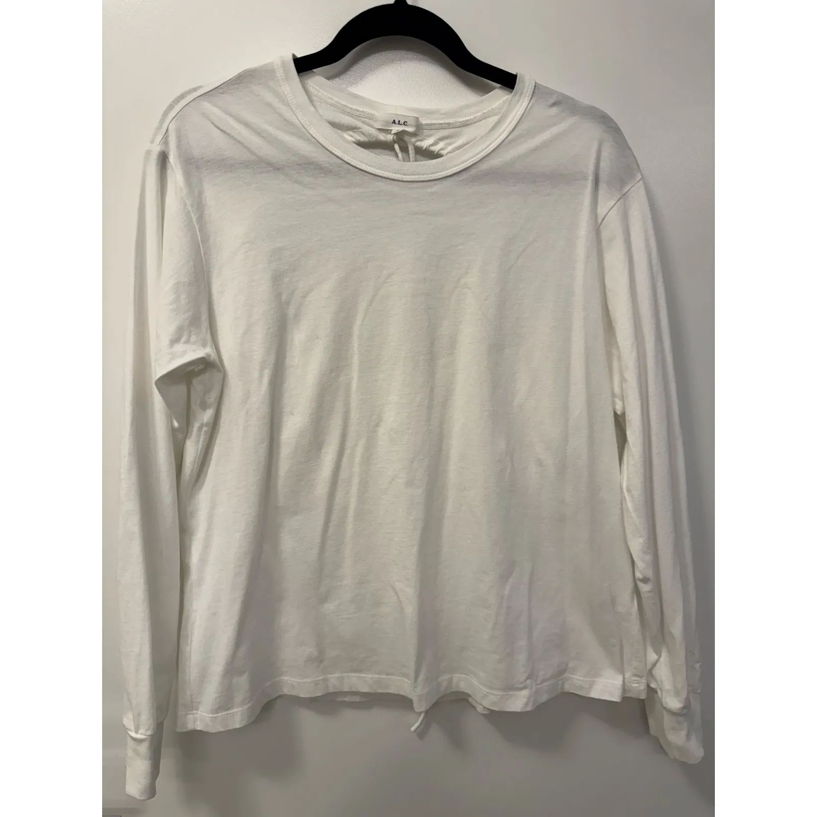 A.L.C Marco T-Shirt Women's L White Cotton Open Tie Back Crew Neck Long Sleeve - Image 4