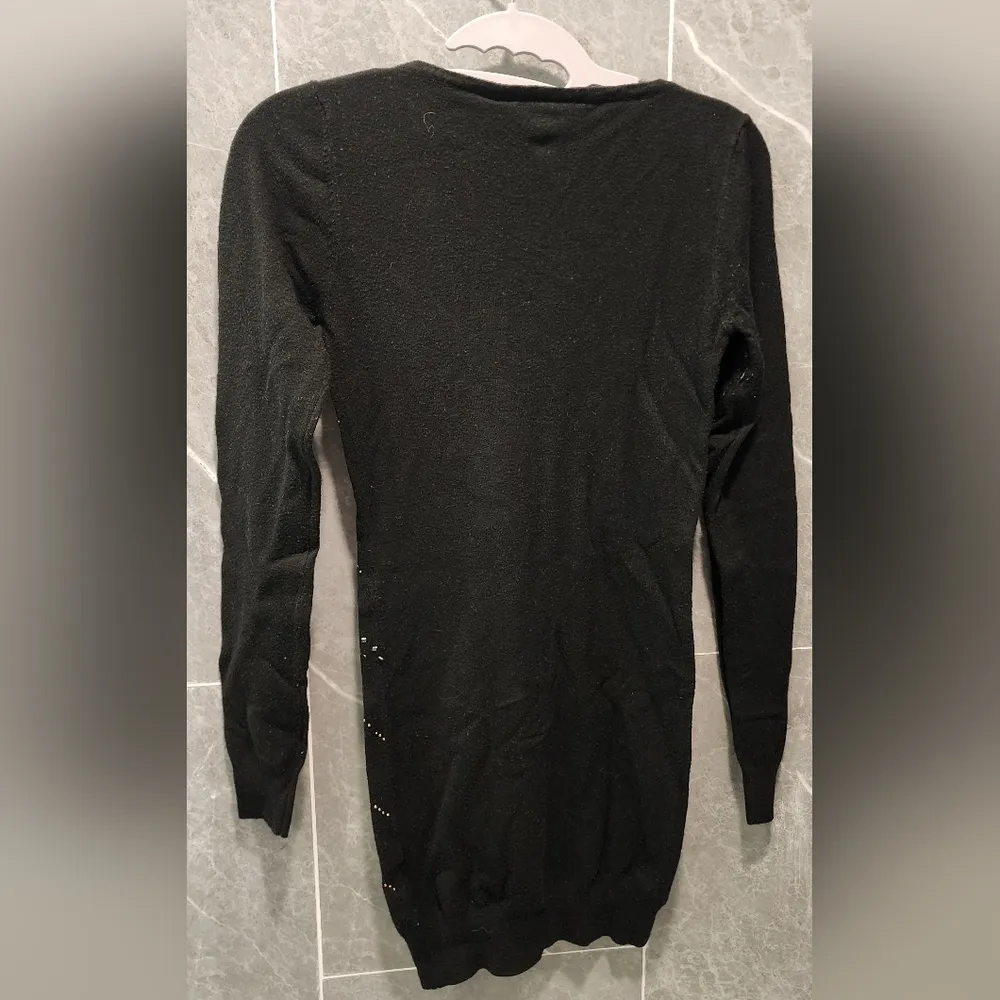 So Nice Rhinestone Stud Embellished LS Vneck Black Sweater Dress Tunic Small Gold - Image 2