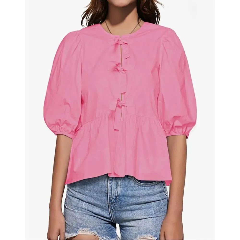 NEW Tie Front Top Babydoll Puff Short Sleeve Blouse 100% Cotton Shirt L Pink Size L - Image 2