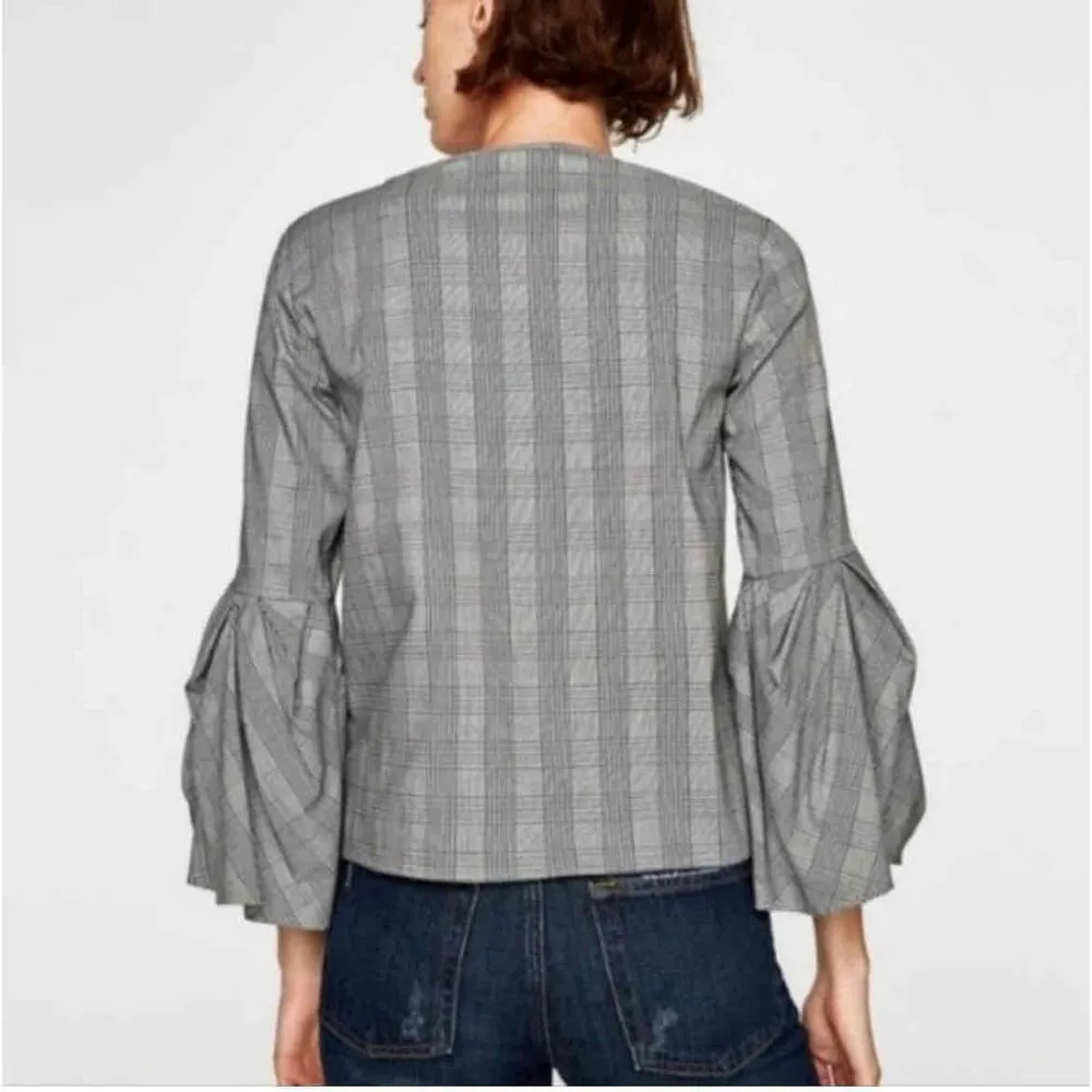 Zara Bell Sleeves Plaid Blouse top Small NWT black white Woman - Image 4